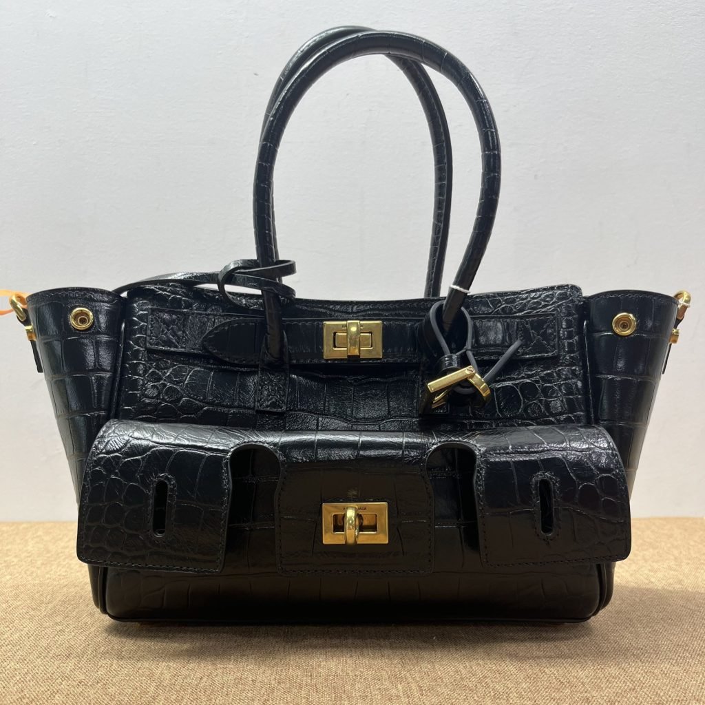 Balenciaga Bel Air Mini Black‑Gold Croc Handbag [SALE]